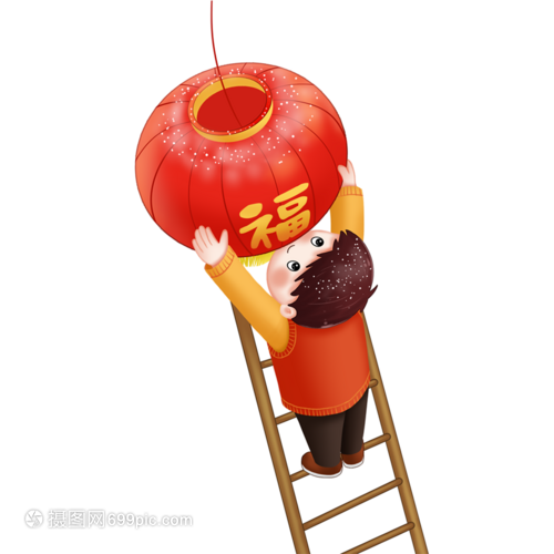 過年掛燈籠的男孩